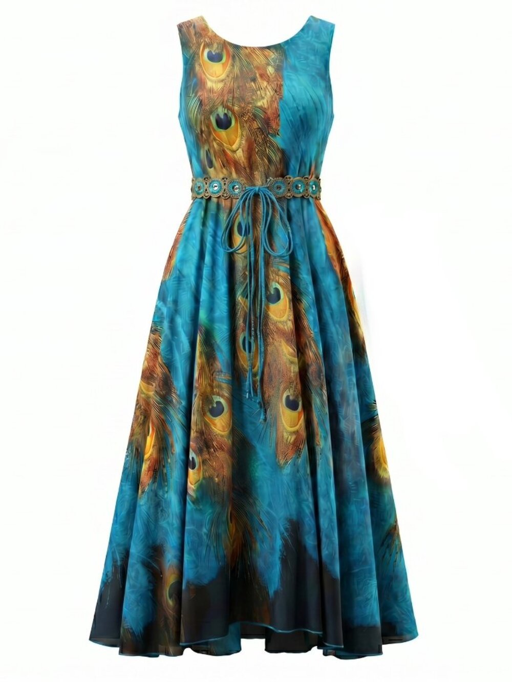 WantDo Turquoise Blue Peacock Summer Dress